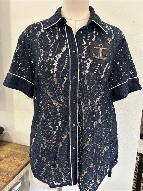 No.21 Tops - No.21 navy blue lace button down rhinestone anchor shirt size large